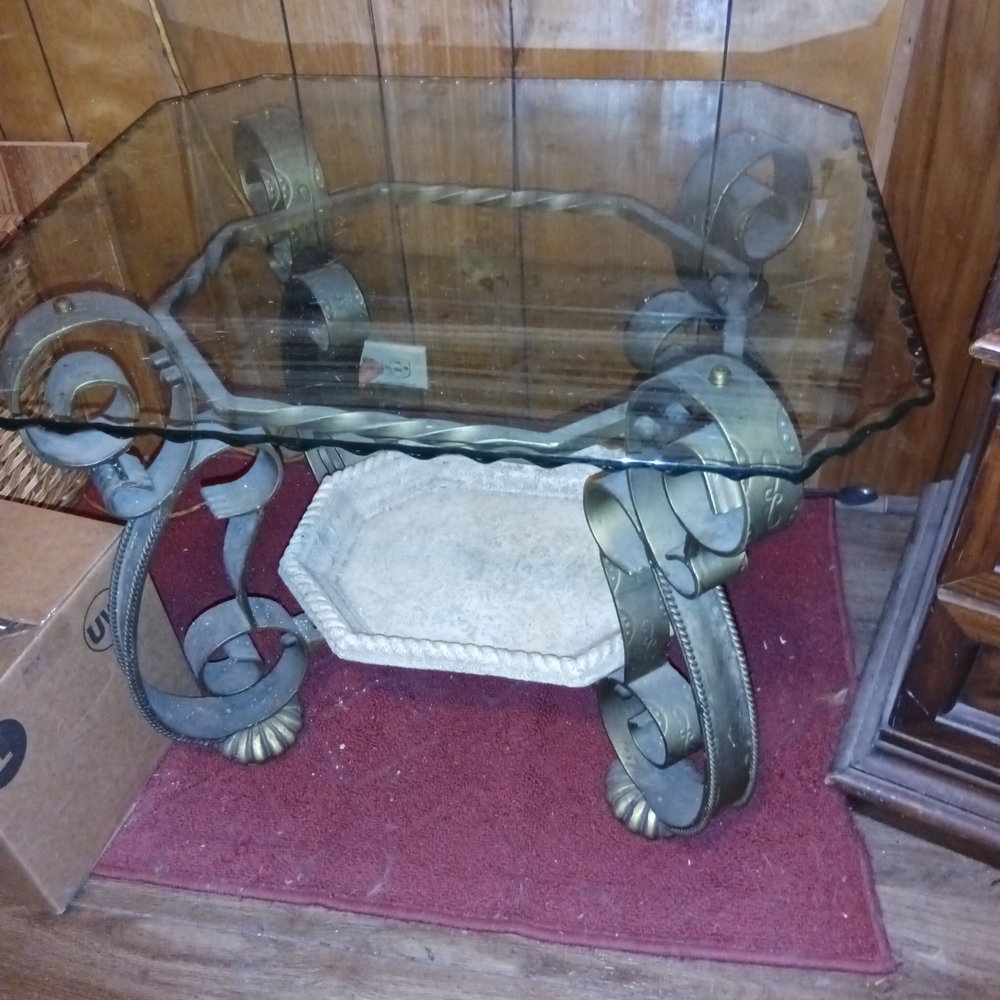 Glass Top Metal Coffee Table with Decorative Base, Needs To Be Picked Up.